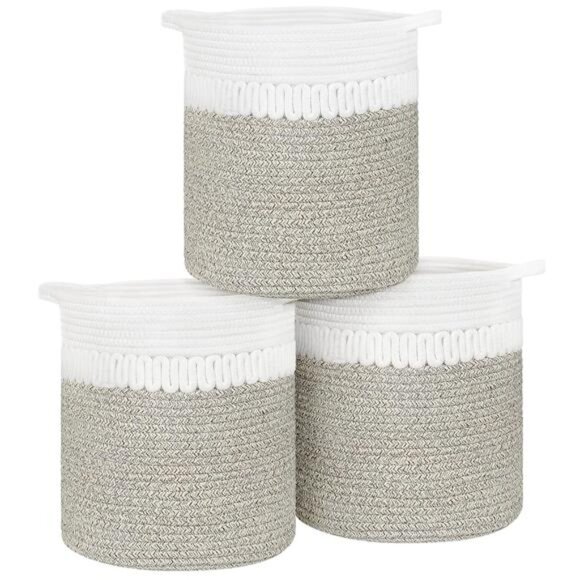 Set of 3 Woven Storage Cubes Cotton Bins Organizer Baskets Brown 11.8